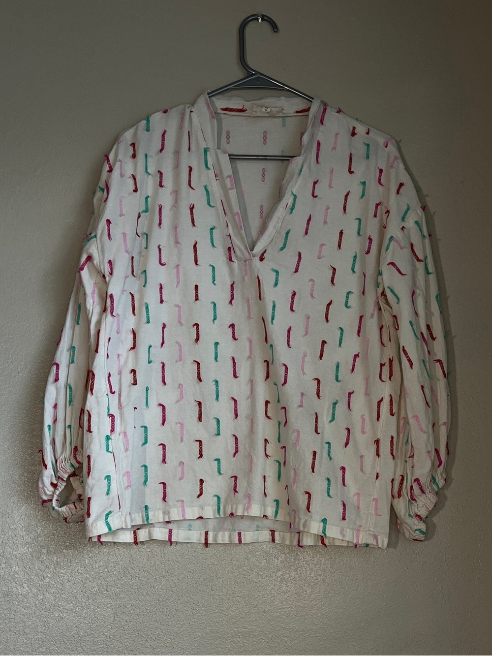 Lou & Grey Cream Top with Red and Teal Dash Accents